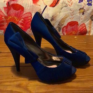 Paris Hilton Navy Blue Satin Platform Heels w/ Bow